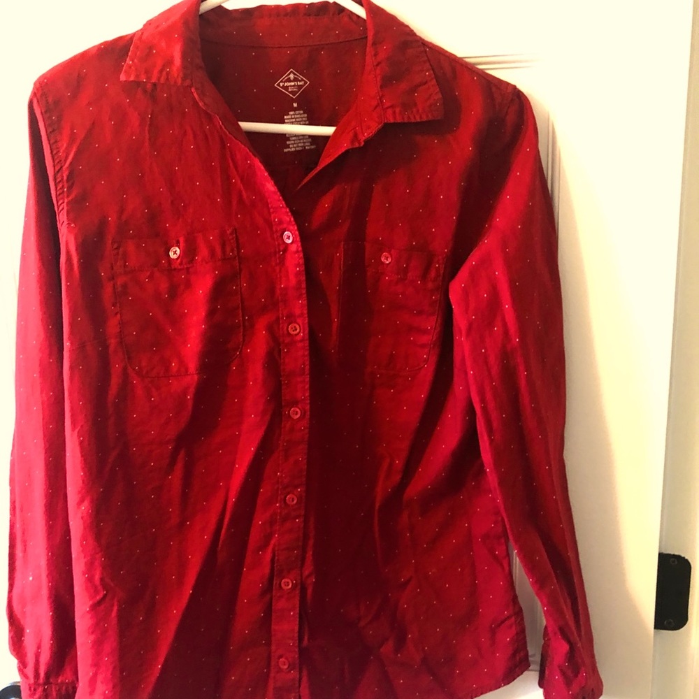 Red with white dots at John’s bay button up blouse long sleeve medium